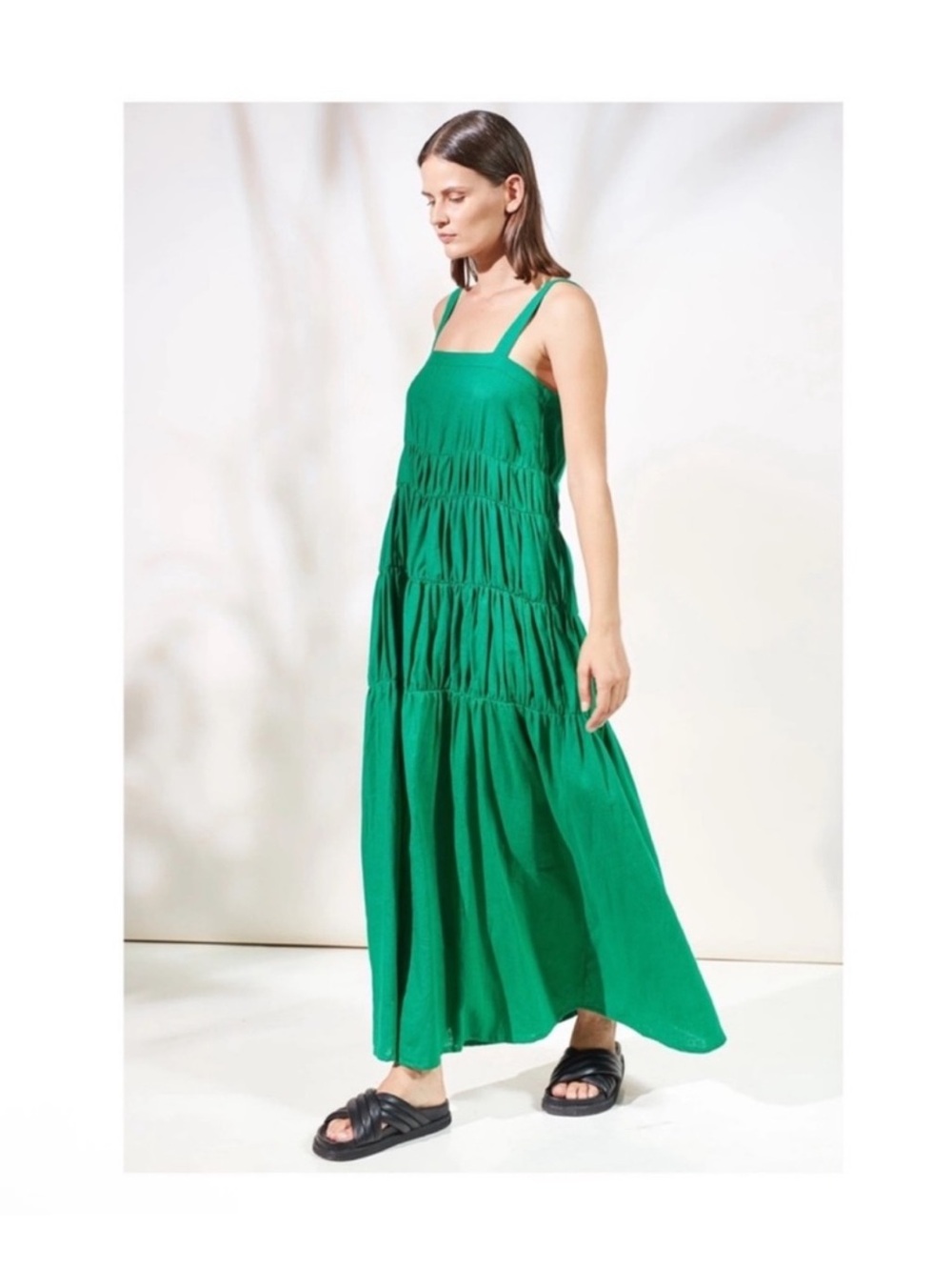 New! Rue Stiic Elsa Linen Tiered Flowy Summer Maxi Dress in French Green - Picture 6 of 13
